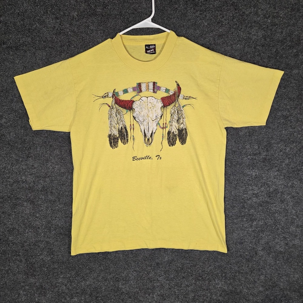 Vintage Beeville TX Skull Feather Graphic T Shirt Single Stitch USA Adult Large